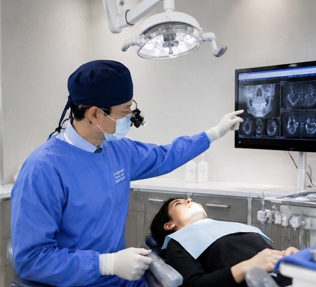 Dr. Edward Nam reviewing a CBCT 3D scan with a patient at ID Dental Implant Center