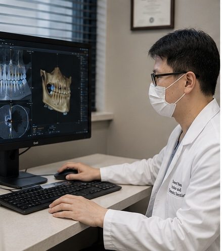 Dr. Edward Nam at the digital imaging workstation at ID Dental Implant Center