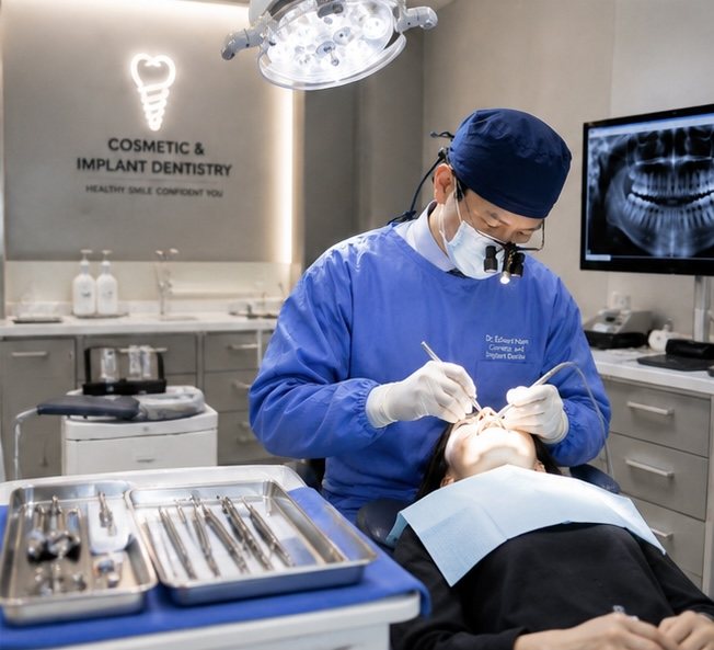 Dr. Edward Nam working chairside at ID Dental Implant Center Koreatown